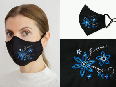 Rahvusliku tikandiga mask sini must valge toonides